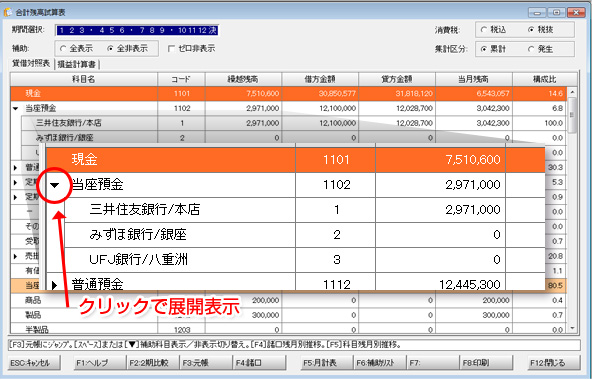 図：補助科目を展開表示