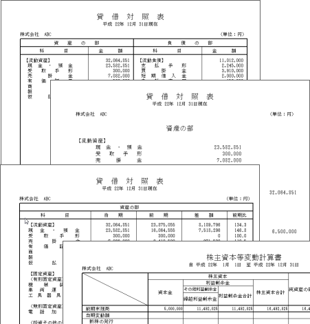 画像：３種類（報告式、勘定式、２期比較）の決算書が作成可能